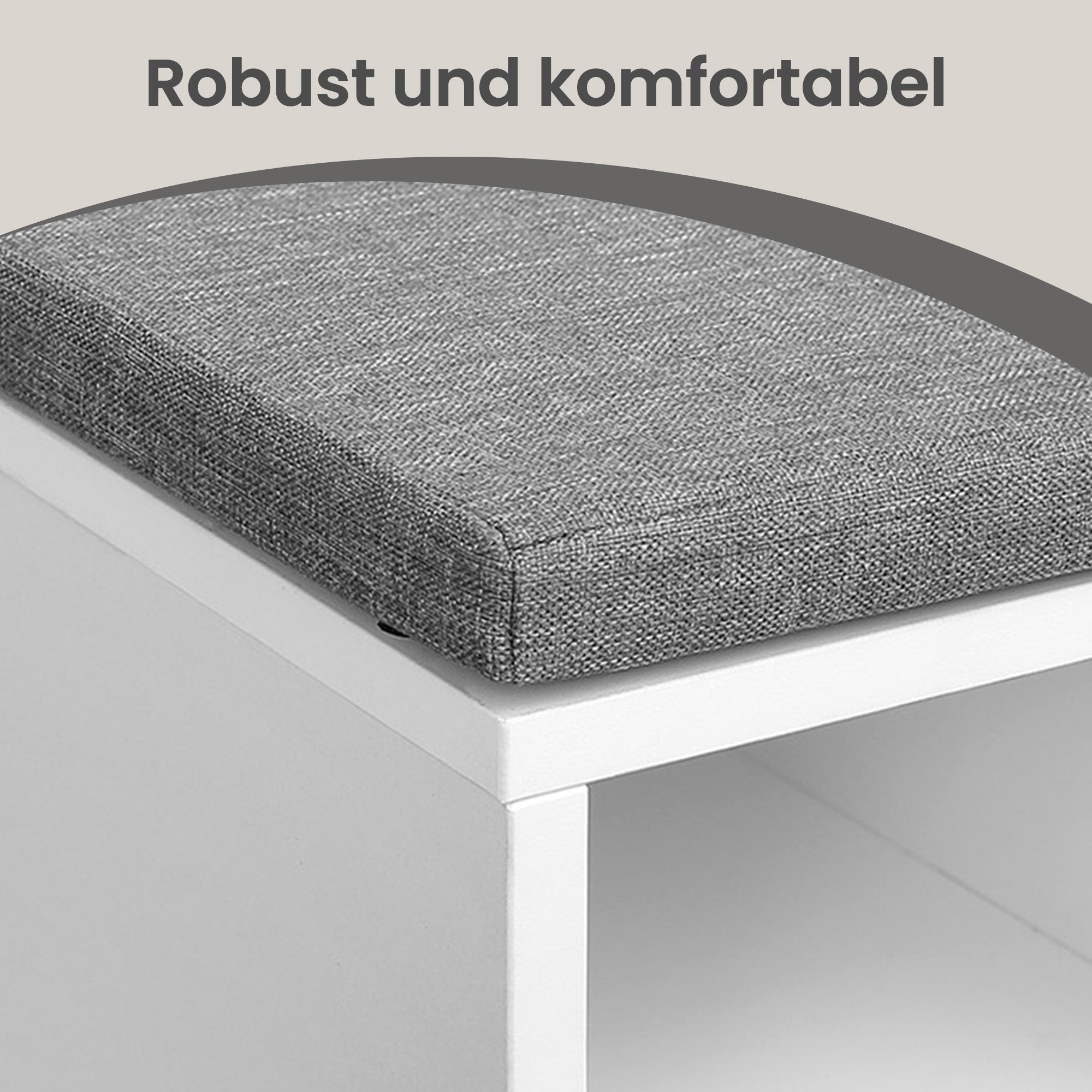Sitzbank mit gepolstertem Sitz, Schuhregal mit Schublade und offenen Fächern, Flur
