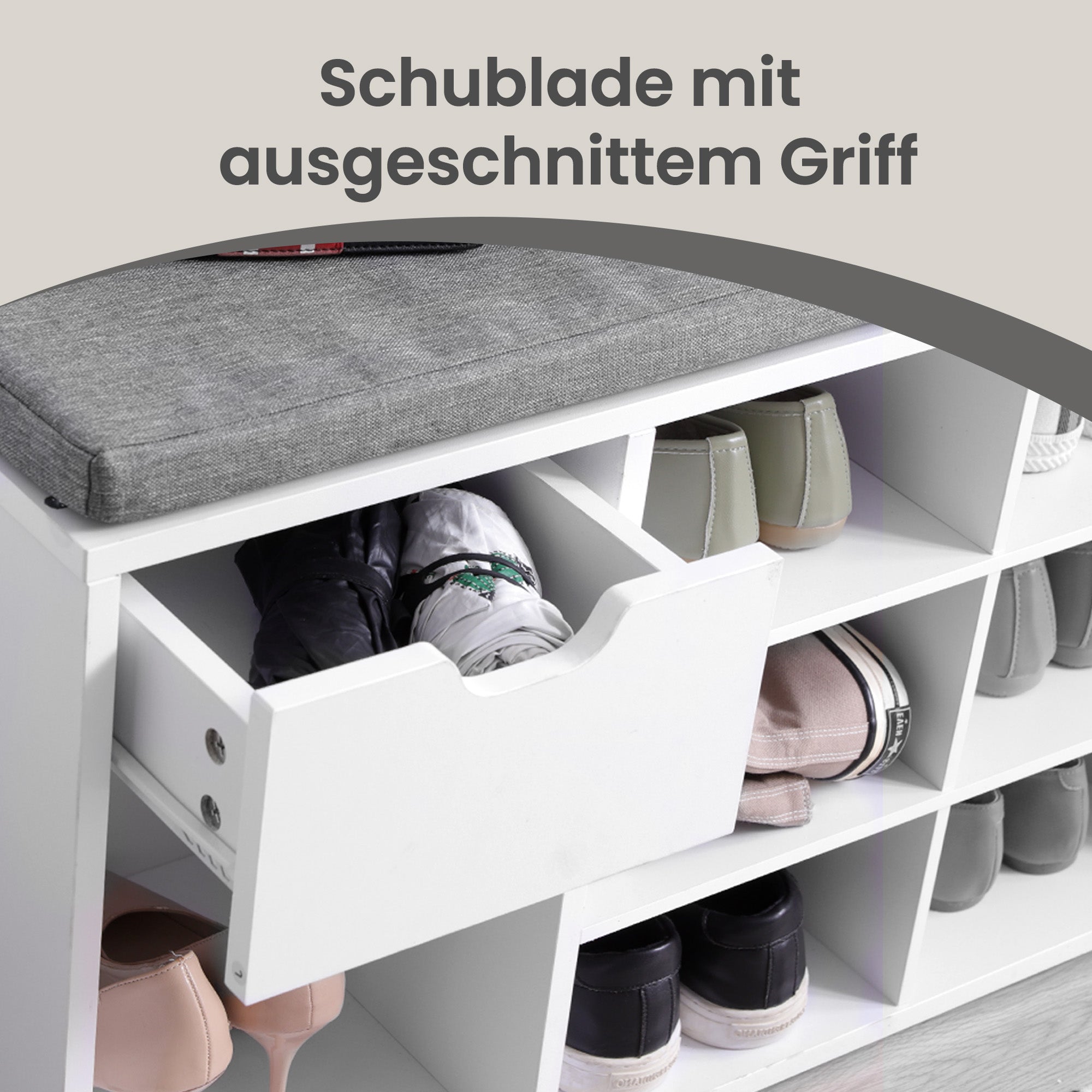 Sitzbank mit gepolstertem Sitz, Schuhregal mit Schublade und offenen Fächern, Flur