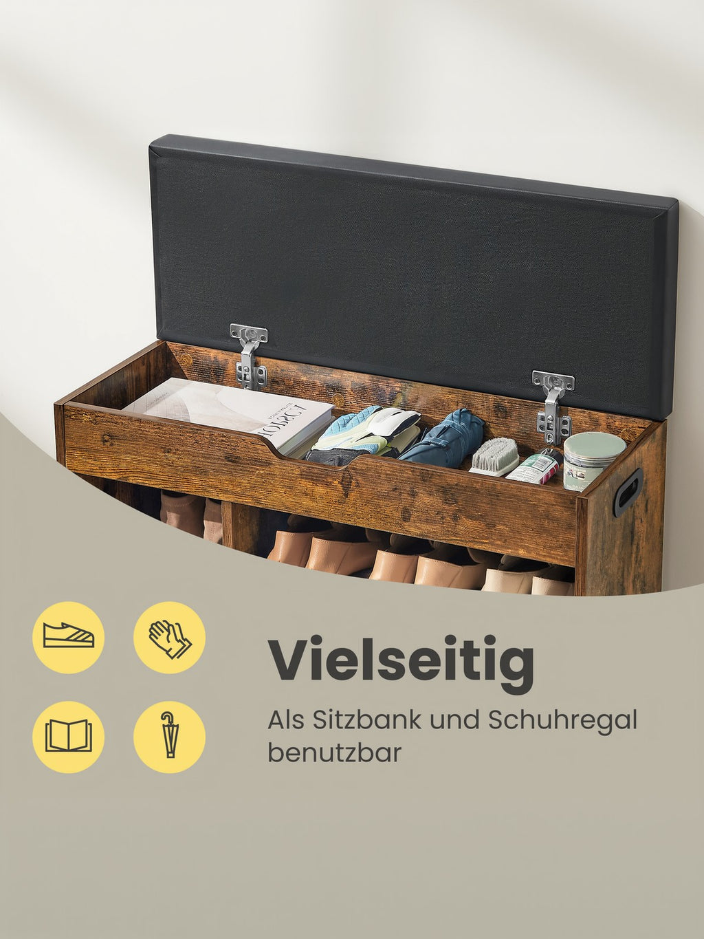 Schuhbank mit Stauraum, gut gepolstert, Sitzbank mit 3 offenen Fächern