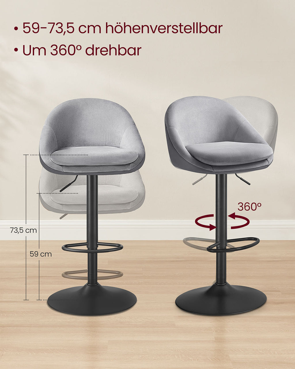 Barhocker 2er Set höhenverstellbar taubengrau-tintenschwarz