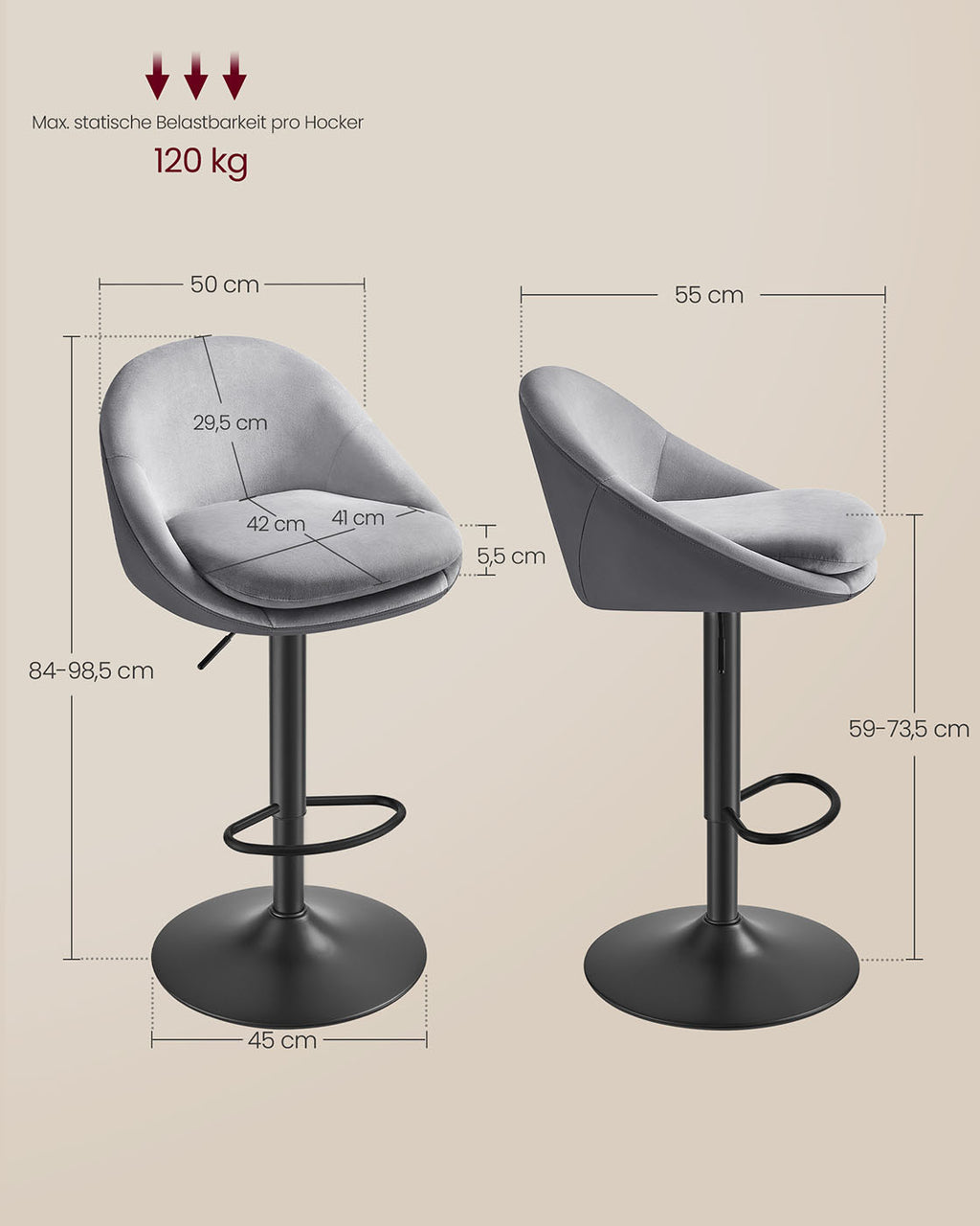 Barhocker 2er Set höhenverstellbar taubengrau-tintenschwarz