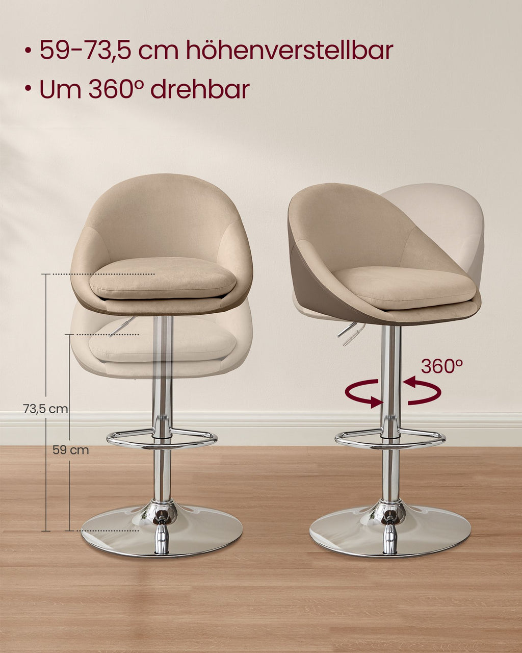 Barhocker 2er Set höhenverstellbar kamelbraun-silbergrau