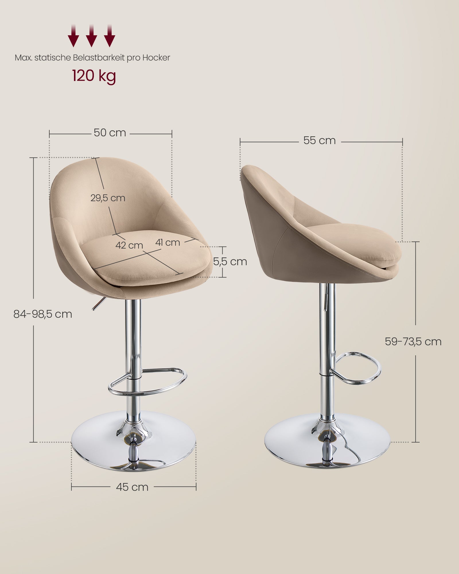Barhocker 2er Set höhenverstellbar kamelbraun-silbergrau