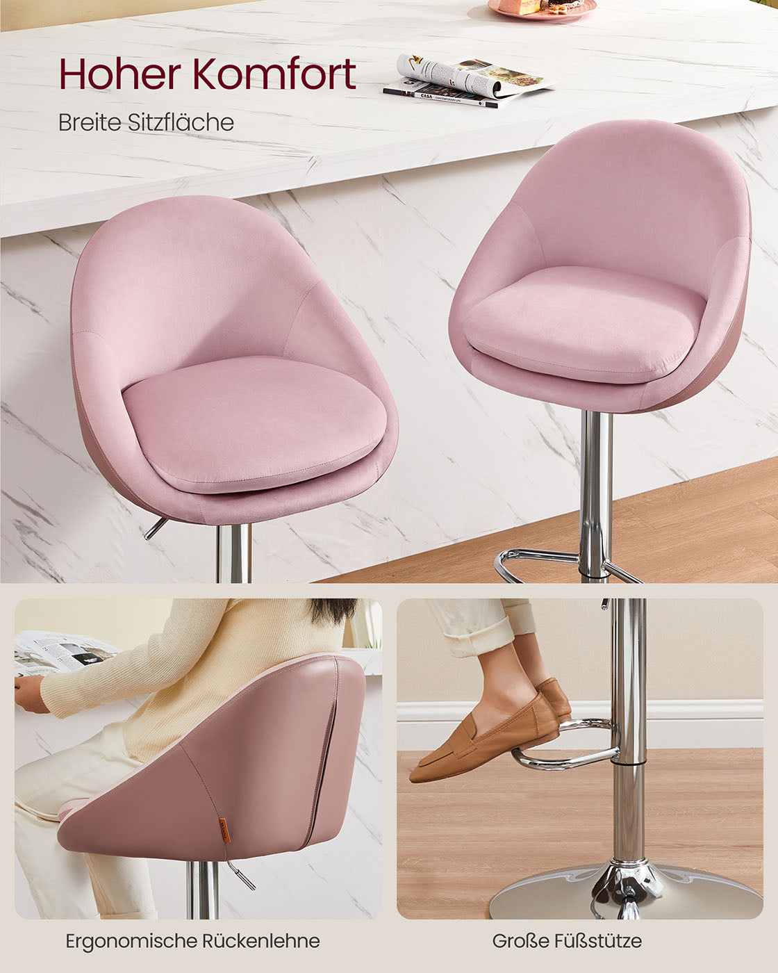 Barhocker 2er Set höhenverstellbar pastellrosa-Silbergrau