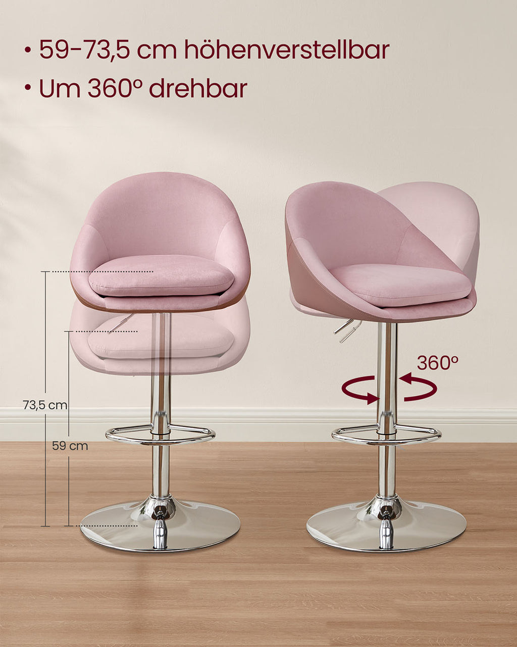 Barhocker 2er Set höhenverstellbar pastellrosa-Silbergrau