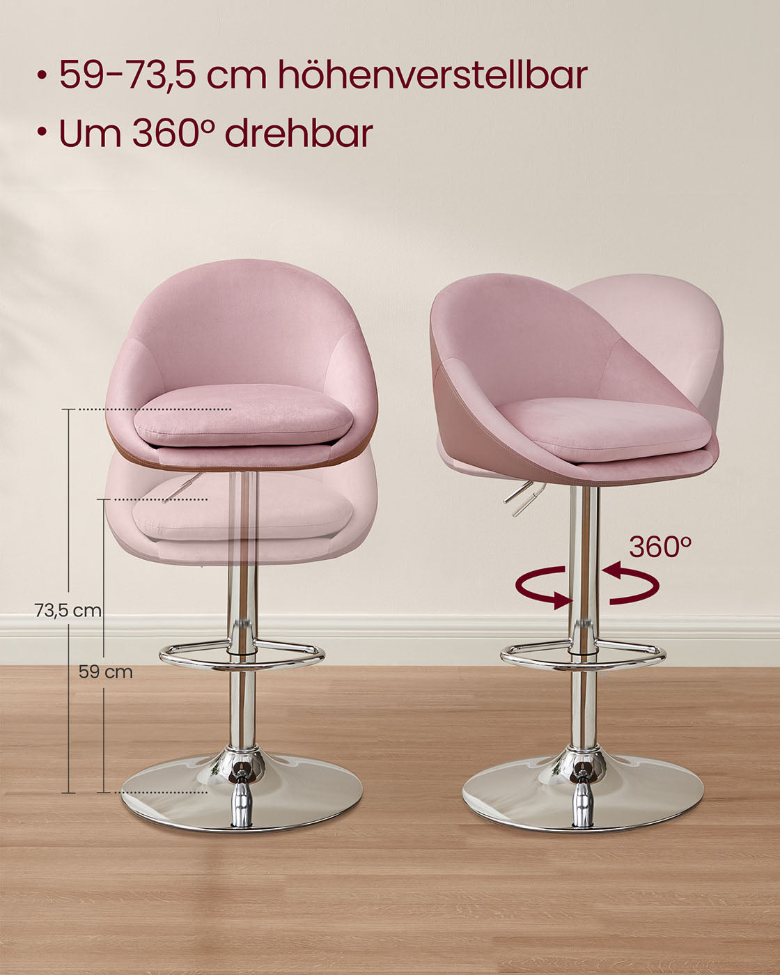 Barhocker 2er Set höhenverstellbar pastellrosa-Silbergrau