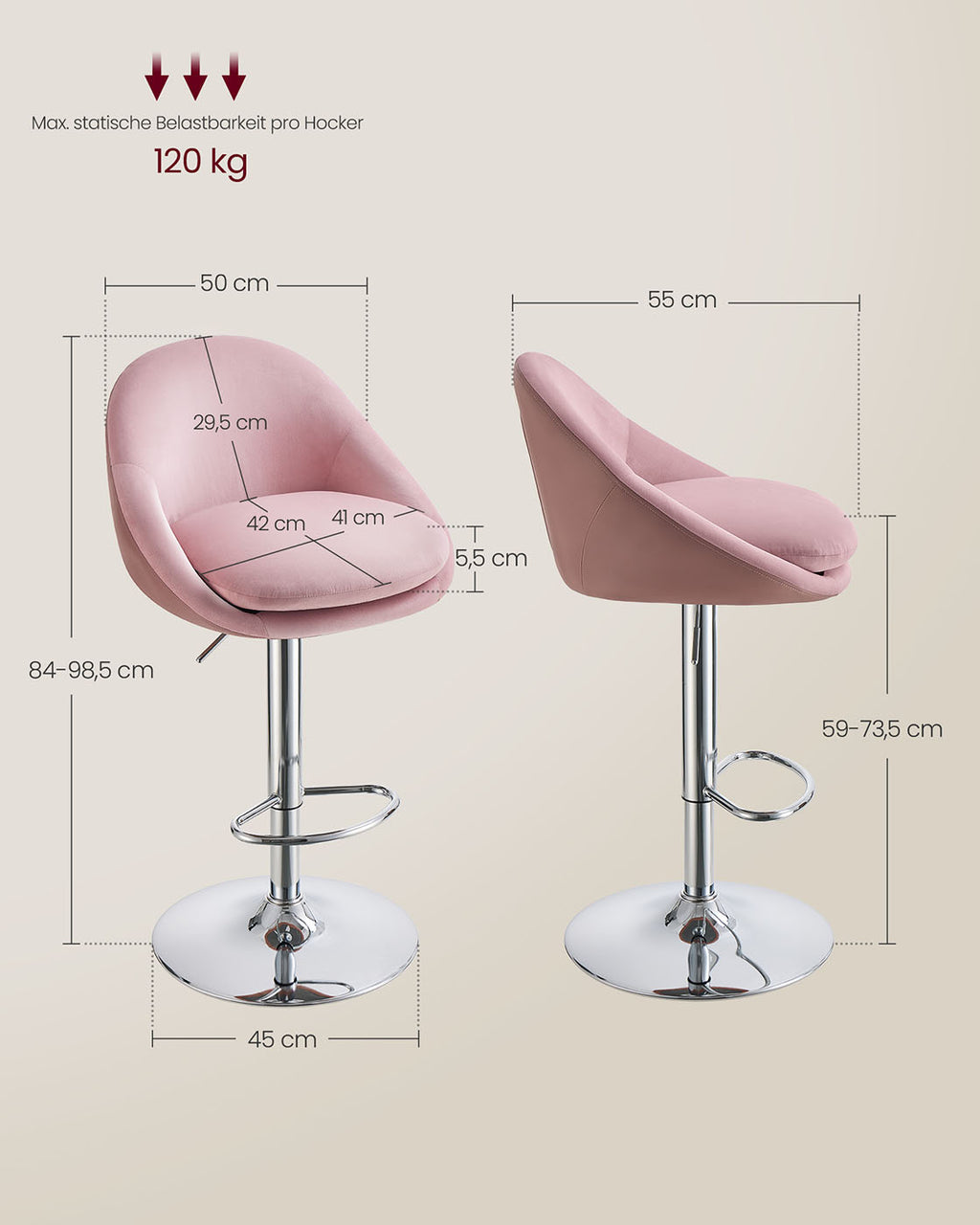 Barhocker 2er Set höhenverstellbar pastellrosa-Silbergrau
