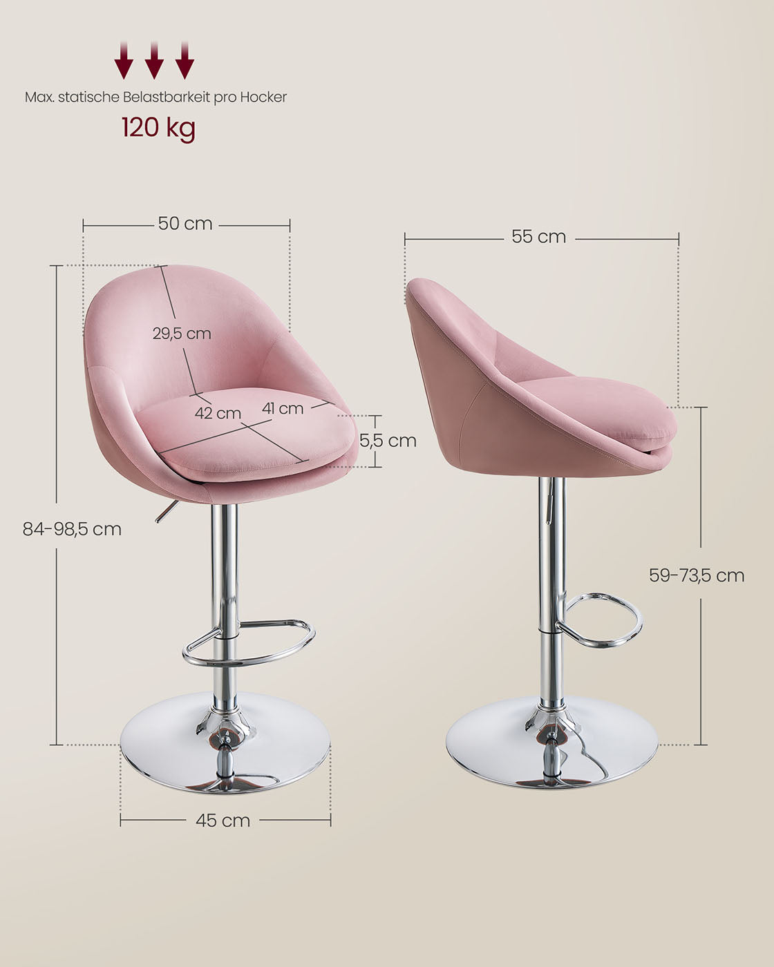 Barhocker 2er Set höhenverstellbar pastellrosa-Silbergrau