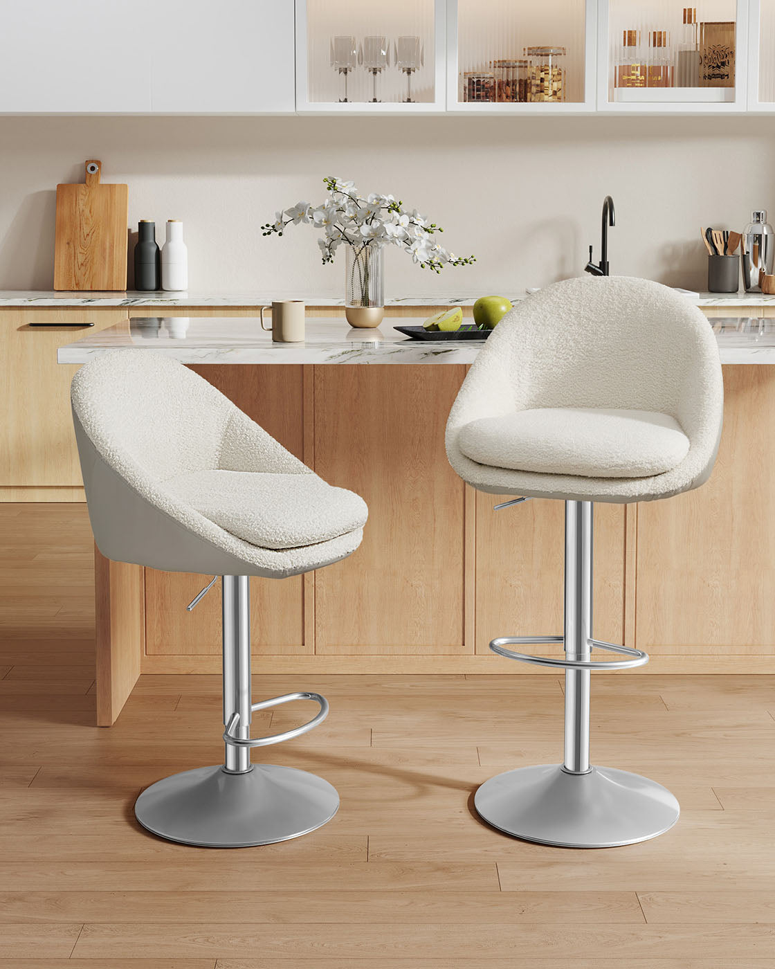 Barhocker 2er Set höhenverstellbar cremeweiß-Silbergrau