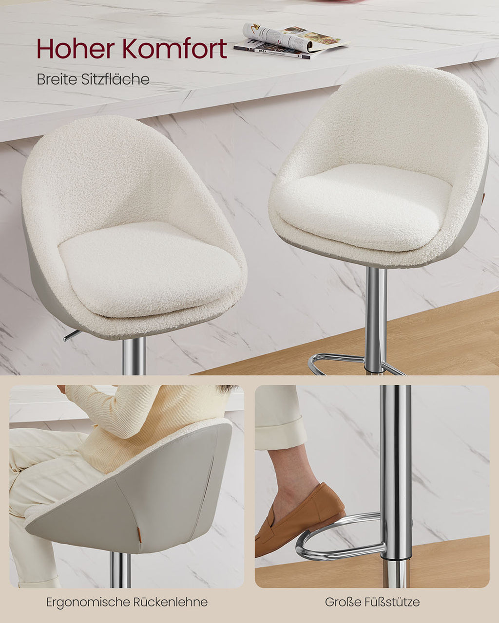 Barhocker 2er Set höhenverstellbar cremeweiß-Silbergrau