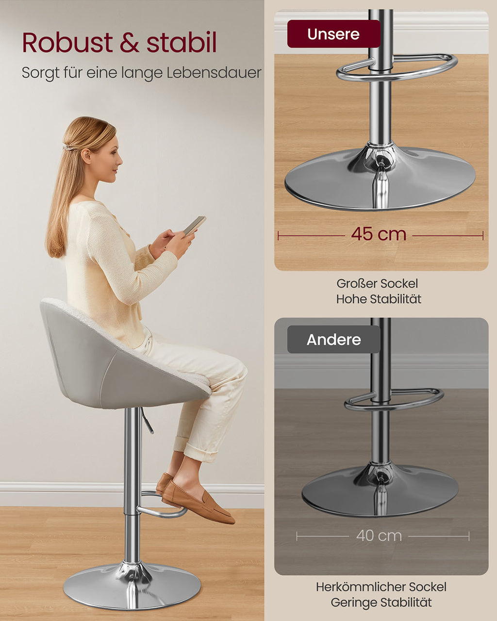 Barhocker 2er Set höhenverstellbar cremeweiß-Silbergrau