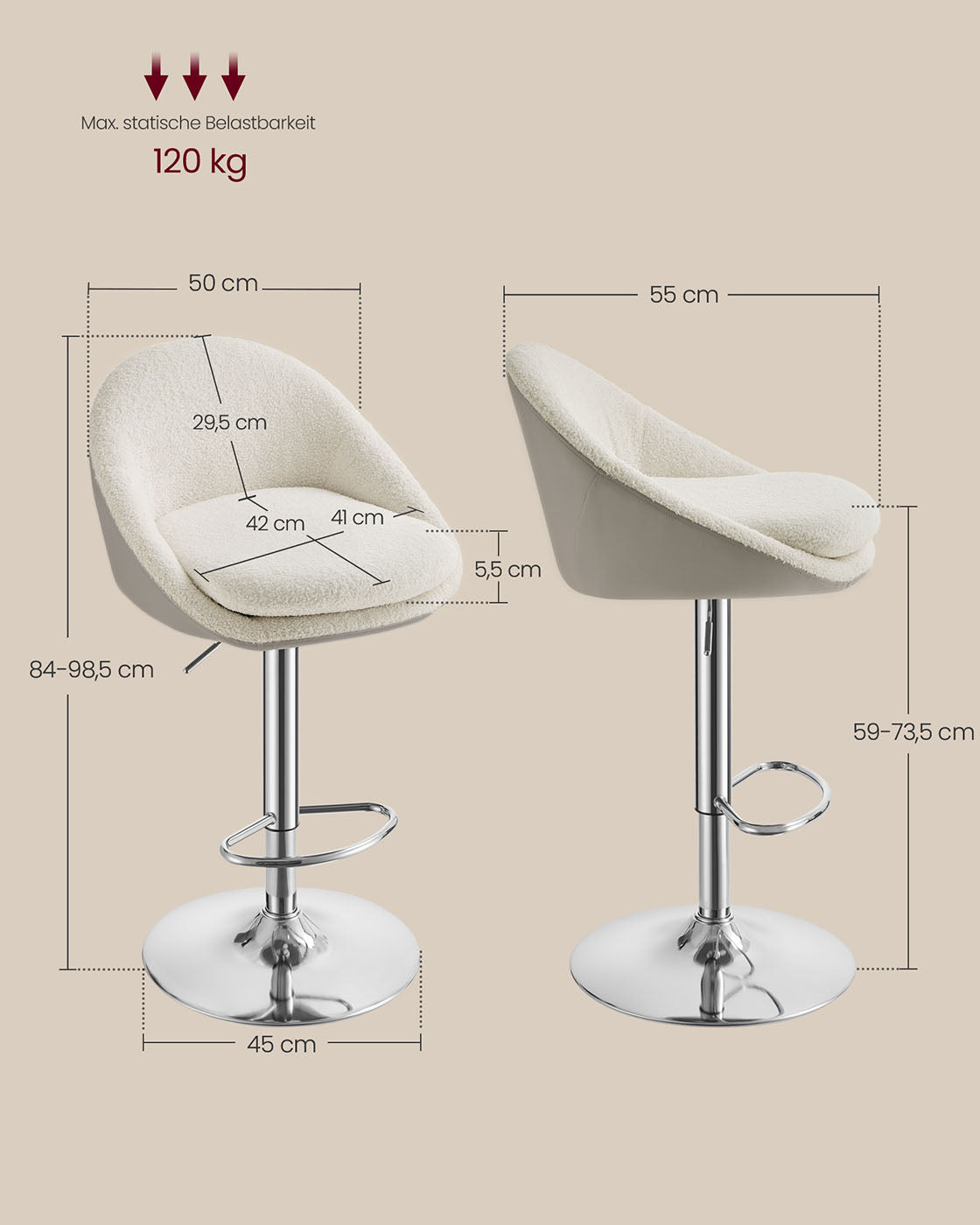 Barhocker 2er Set höhenverstellbar cremeweiß-Silbergrau