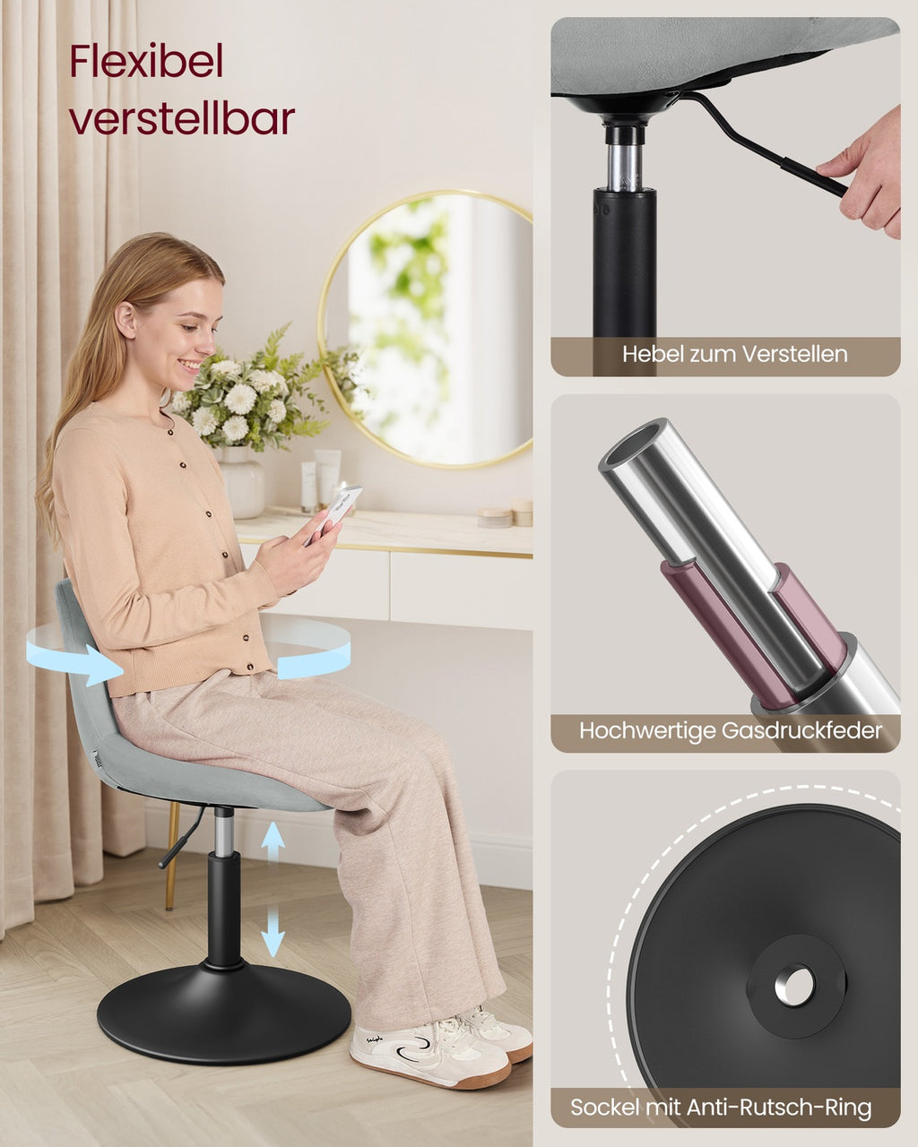 Schminkhocker mit Rückenlehne und drehbarer Sitzfläche