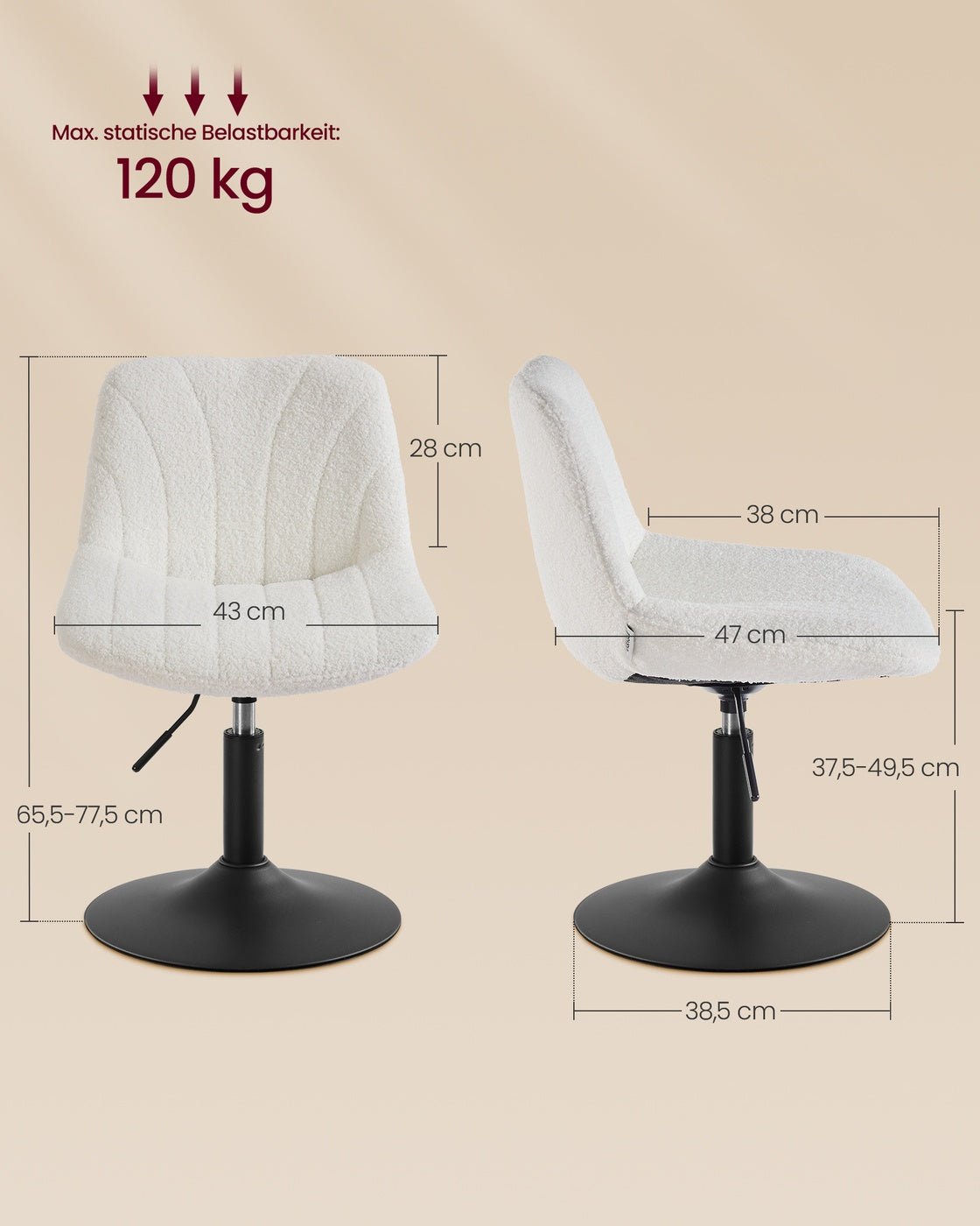Barhocker, Barstuhl mit Rückenlehne und drehbarer Sitzfläche cremeweiß