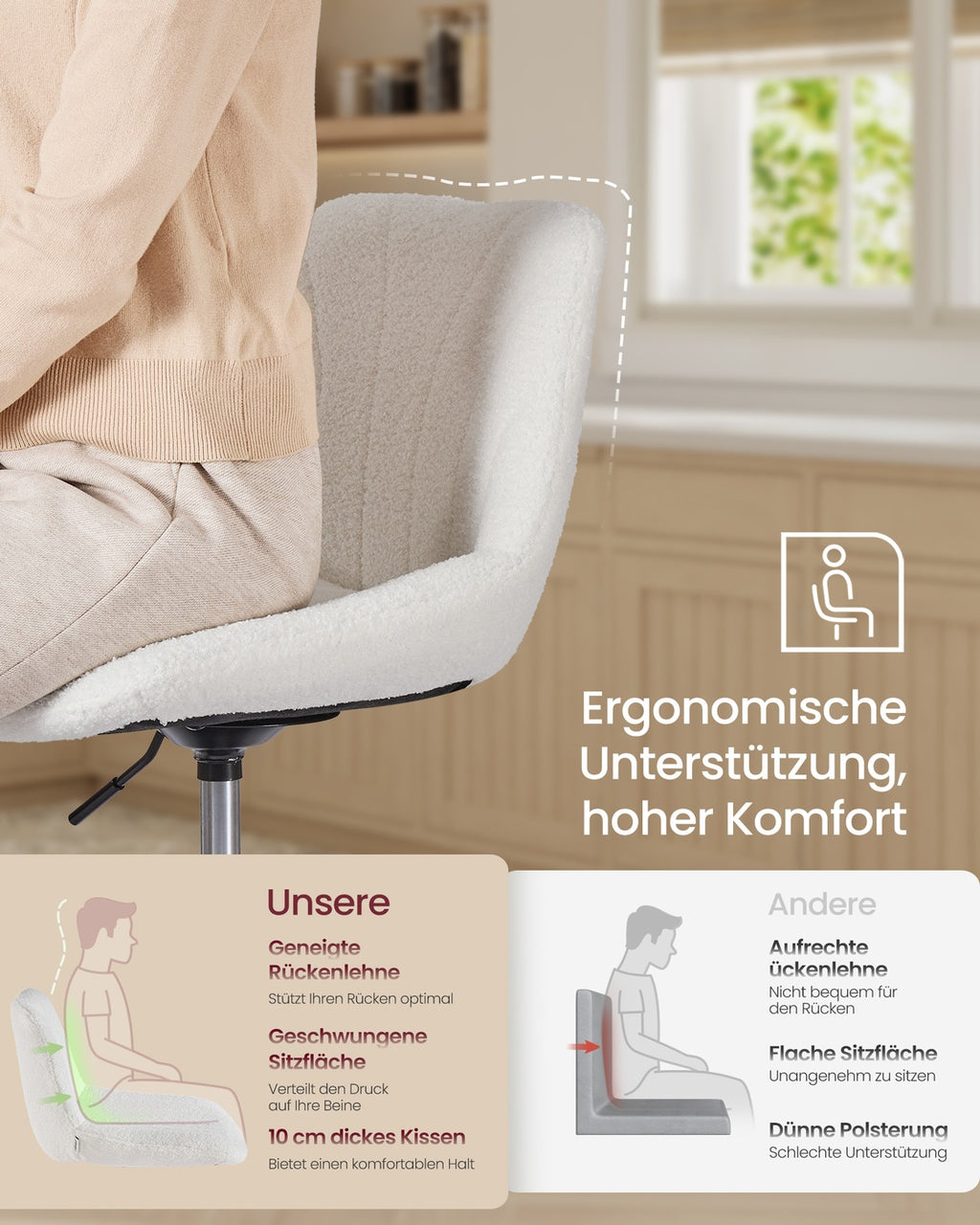 Barhocker, Barstuhl mit Rückenlehne und drehbarer Sitzfläche cremeweiß