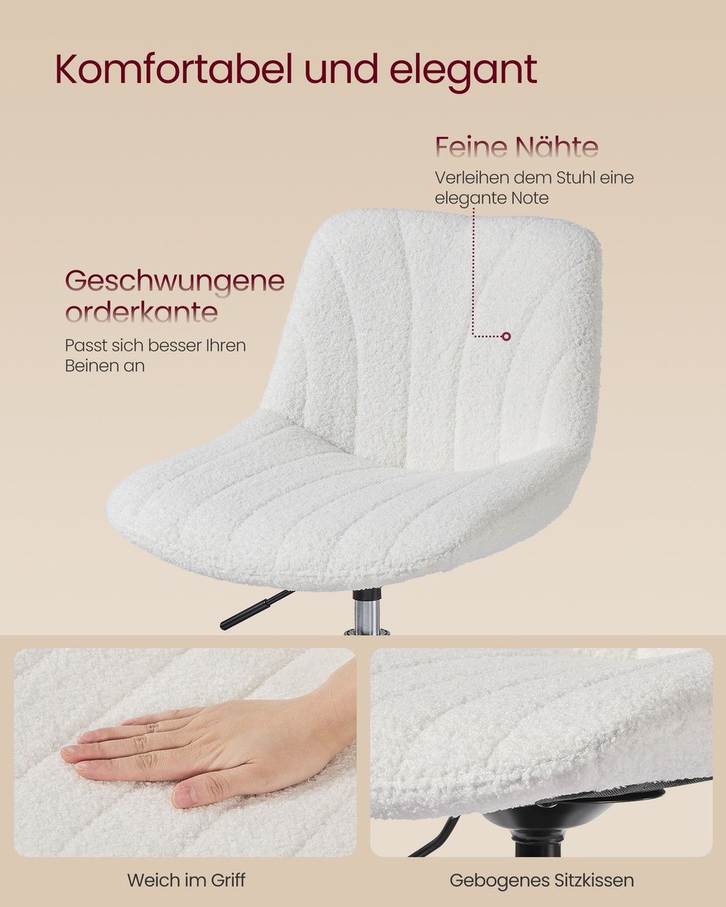 Barhocker, Barstuhl mit Rückenlehne und drehbarer Sitzfläche cremeweiß