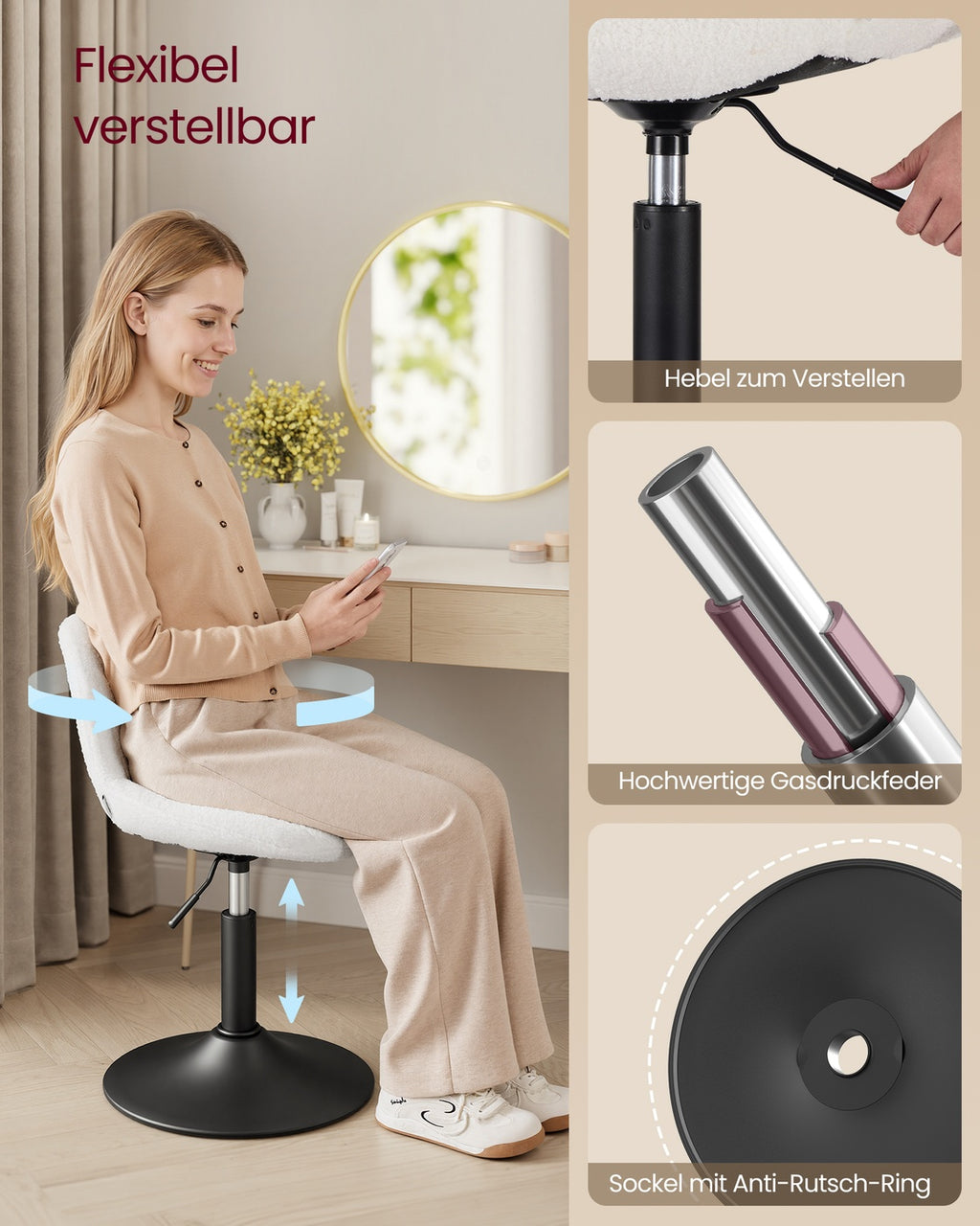 Barhocker, Barstuhl mit Rückenlehne und drehbarer Sitzfläche cremeweiß