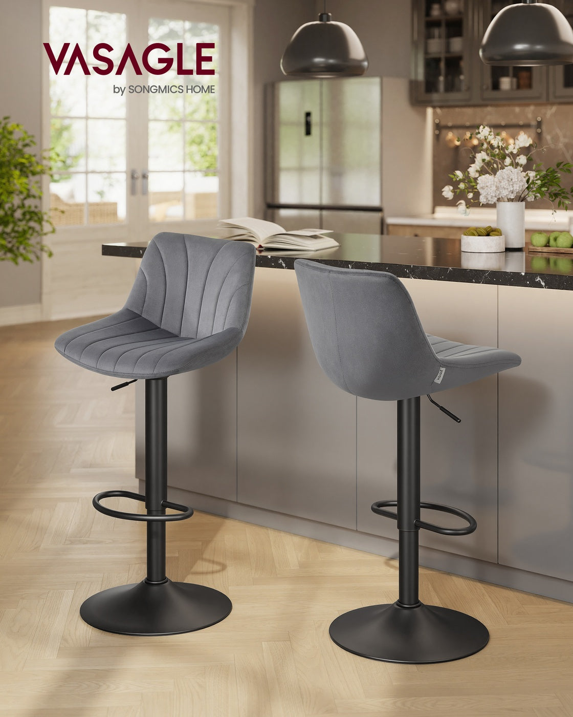 Barhocker 2er Set, Barstuhl mit Rückenlehne und drehbarer Sitzfläche schiefergrau