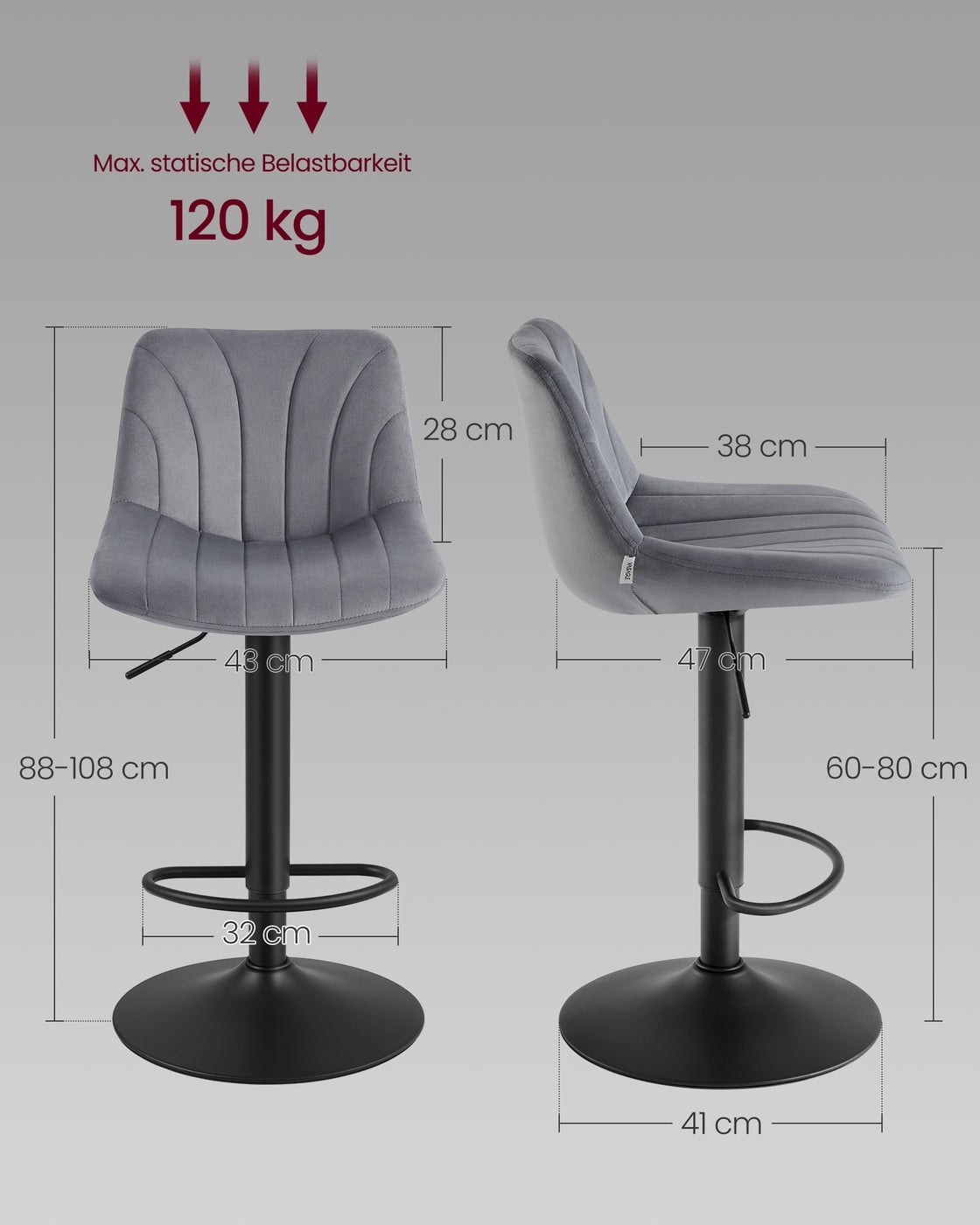 Barhocker 2er Set, Barstuhl mit Rückenlehne und drehbarer Sitzfläche schiefergrau