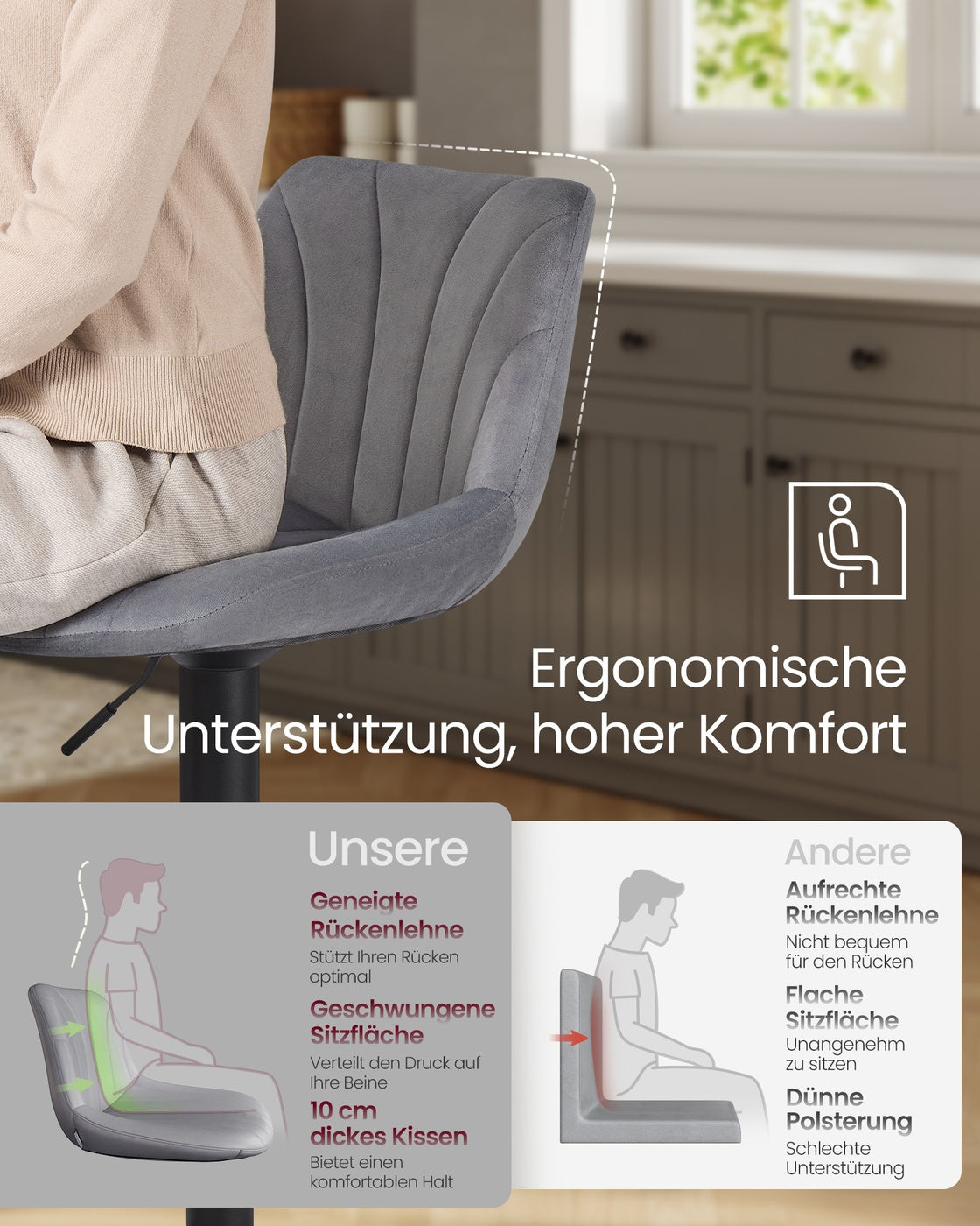Barhocker 2er Set, Barstuhl mit Rückenlehne und drehbarer Sitzfläche schiefergrau