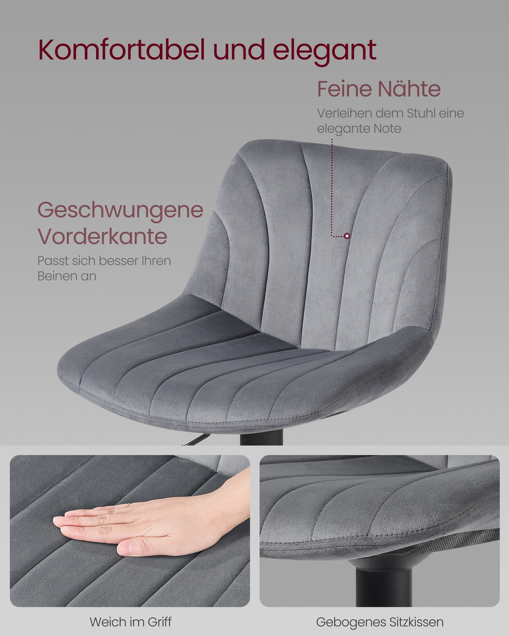 Barhocker 2er Set, Barstuhl mit Rückenlehne und drehbarer Sitzfläche schiefergrau