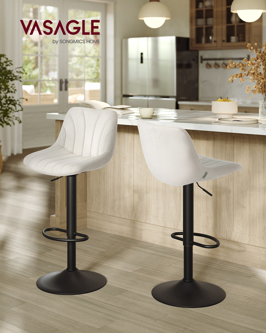 Barhocker 2er Set, Barstuhl mit Rückenlehne und drehbarer Sitzfläche cremeweiß