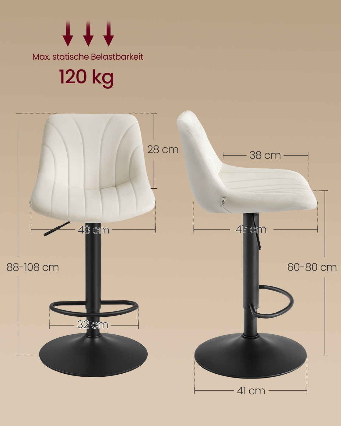 Barhocker 2er Set, Barstuhl mit Rückenlehne und drehbarer Sitzfläche cremeweiß