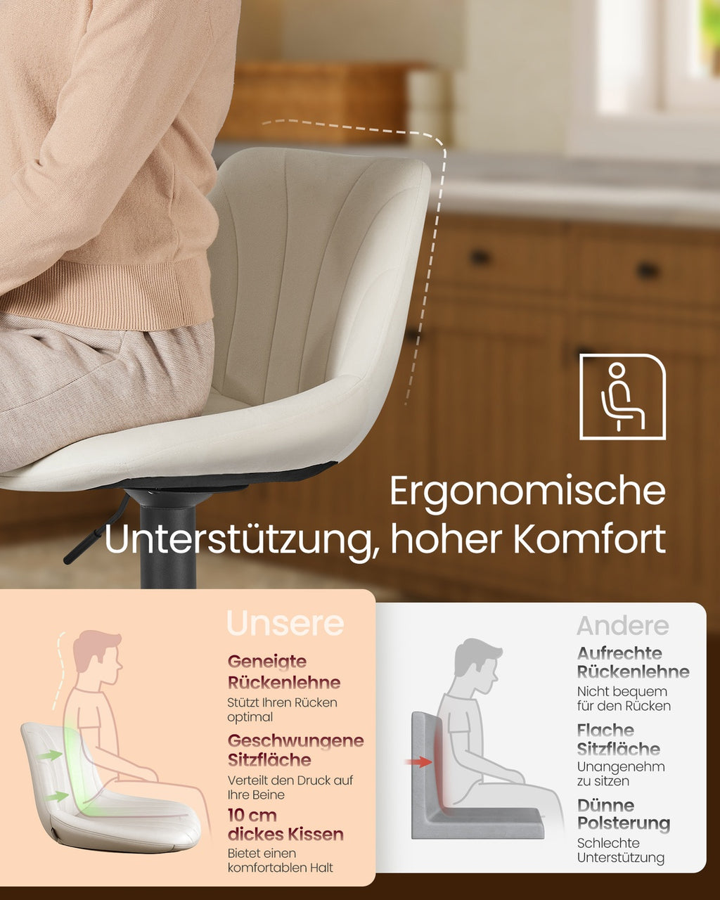 Barhocker 2er Set, Barstuhl mit Rückenlehne und drehbarer Sitzfläche cremeweiß