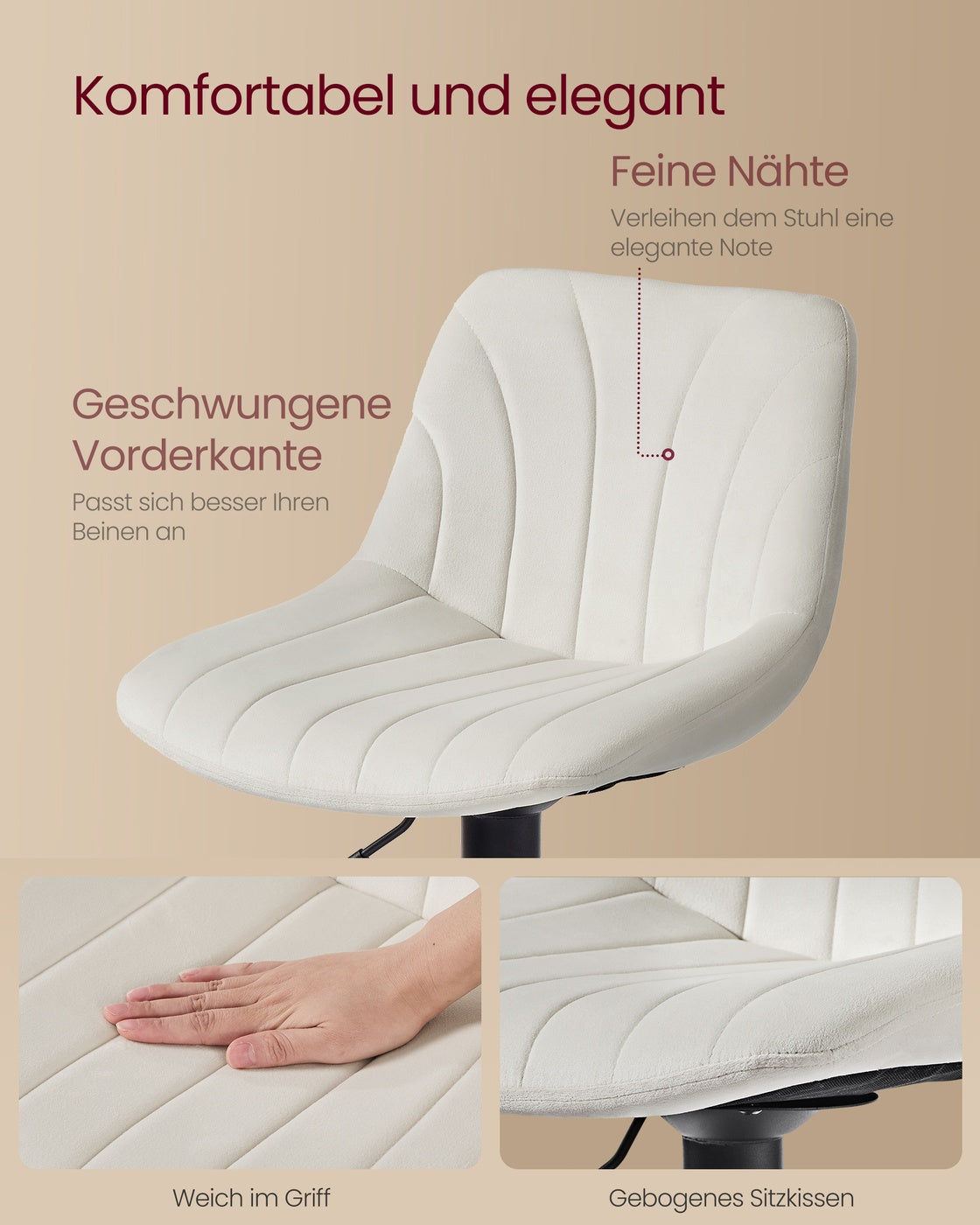 Barhocker 2er Set, Barstuhl mit Rückenlehne und drehbarer Sitzfläche cremeweiß