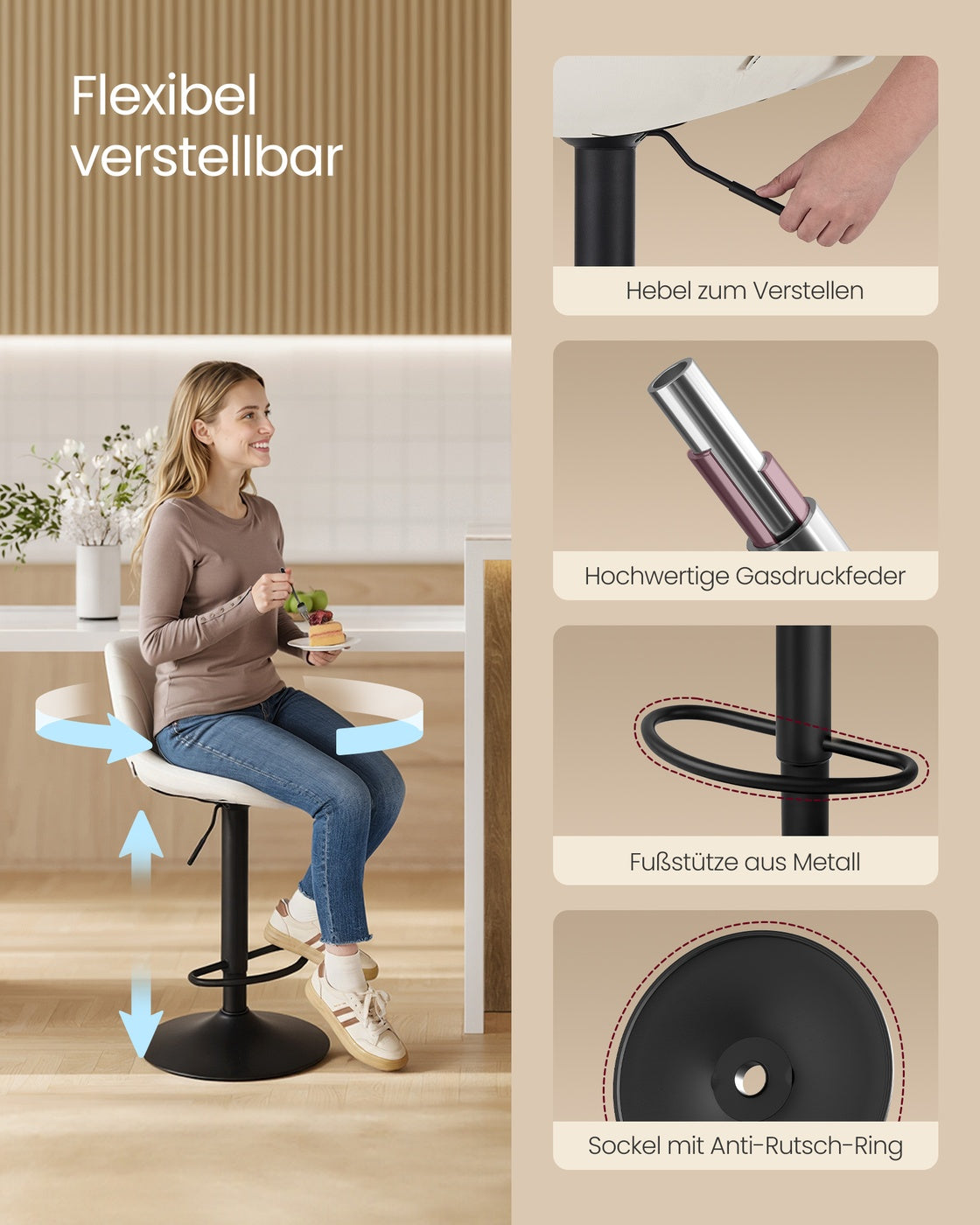Barhocker 2er Set, Barstuhl mit Rückenlehne und drehbarer Sitzfläche cremeweiß