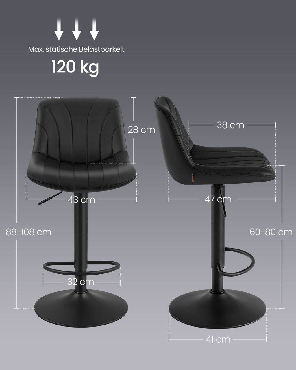 Barhocker 2er Set, Barstuhl mit Rückenlehne und drehbarer Sitzfläche tintenschwarz