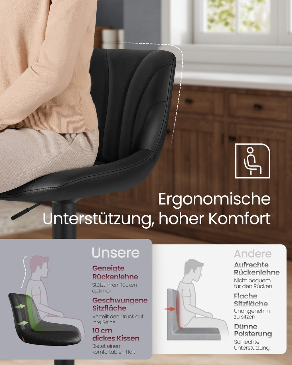 Barhocker 2er Set, Barstuhl mit Rückenlehne und drehbarer Sitzfläche tintenschwarz
