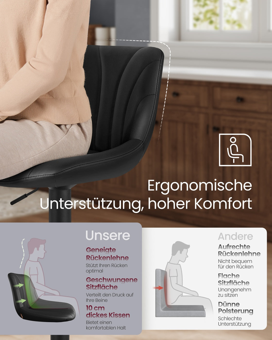 Barhocker 2er Set, Barstuhl mit Rückenlehne und drehbarer Sitzfläche tintenschwarz