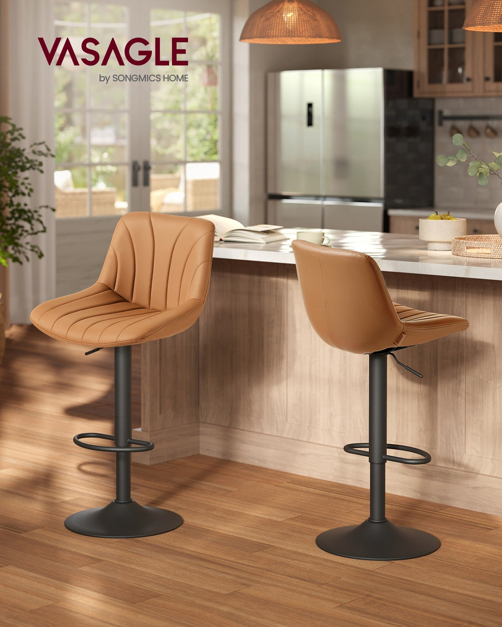 Barhocker 2er Set, Barstuhl mit Rückenlehne und drehbarer Sitzfläche karamellbraun