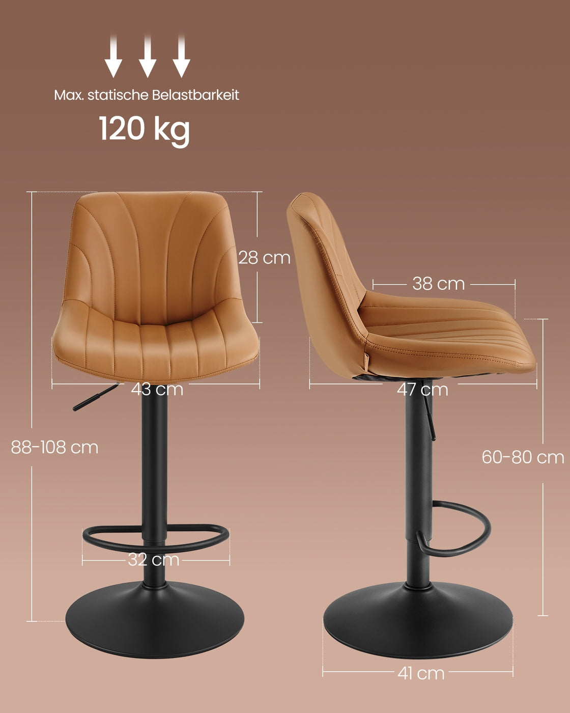Barhocker 2er Set, Barstuhl mit Rückenlehne und drehbarer Sitzfläche karamellbraun