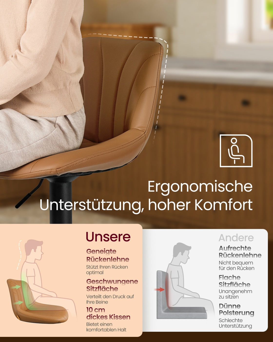 Barhocker 2er Set, Barstuhl mit Rückenlehne und drehbarer Sitzfläche karamellbraun
