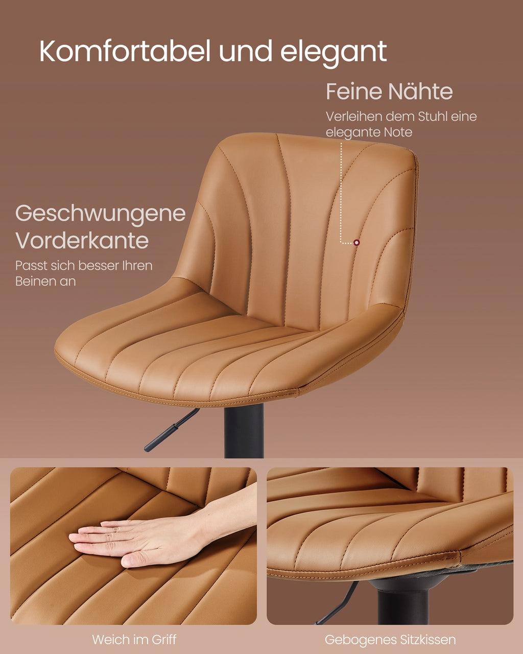 Barhocker 2er Set, Barstuhl mit Rückenlehne und drehbarer Sitzfläche karamellbraun