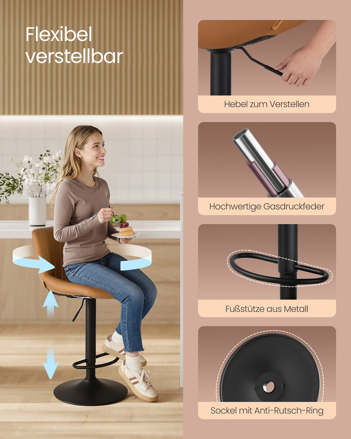 Barhocker 2er Set, Barstuhl mit Rückenlehne und drehbarer Sitzfläche karamellbraun