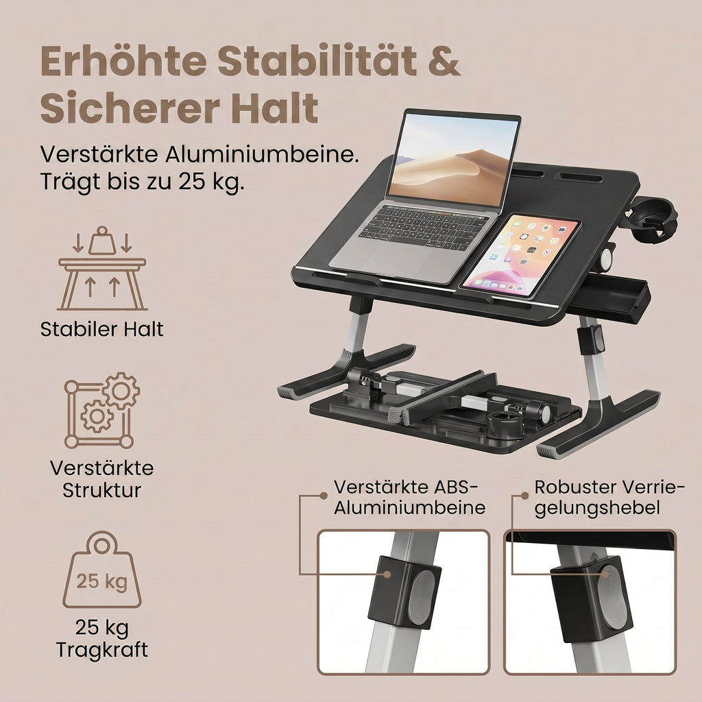 Laptoptisch Höhenverstellbarer Klapptisch für Bett und Sofa 56 x 40 cm Schwarz
