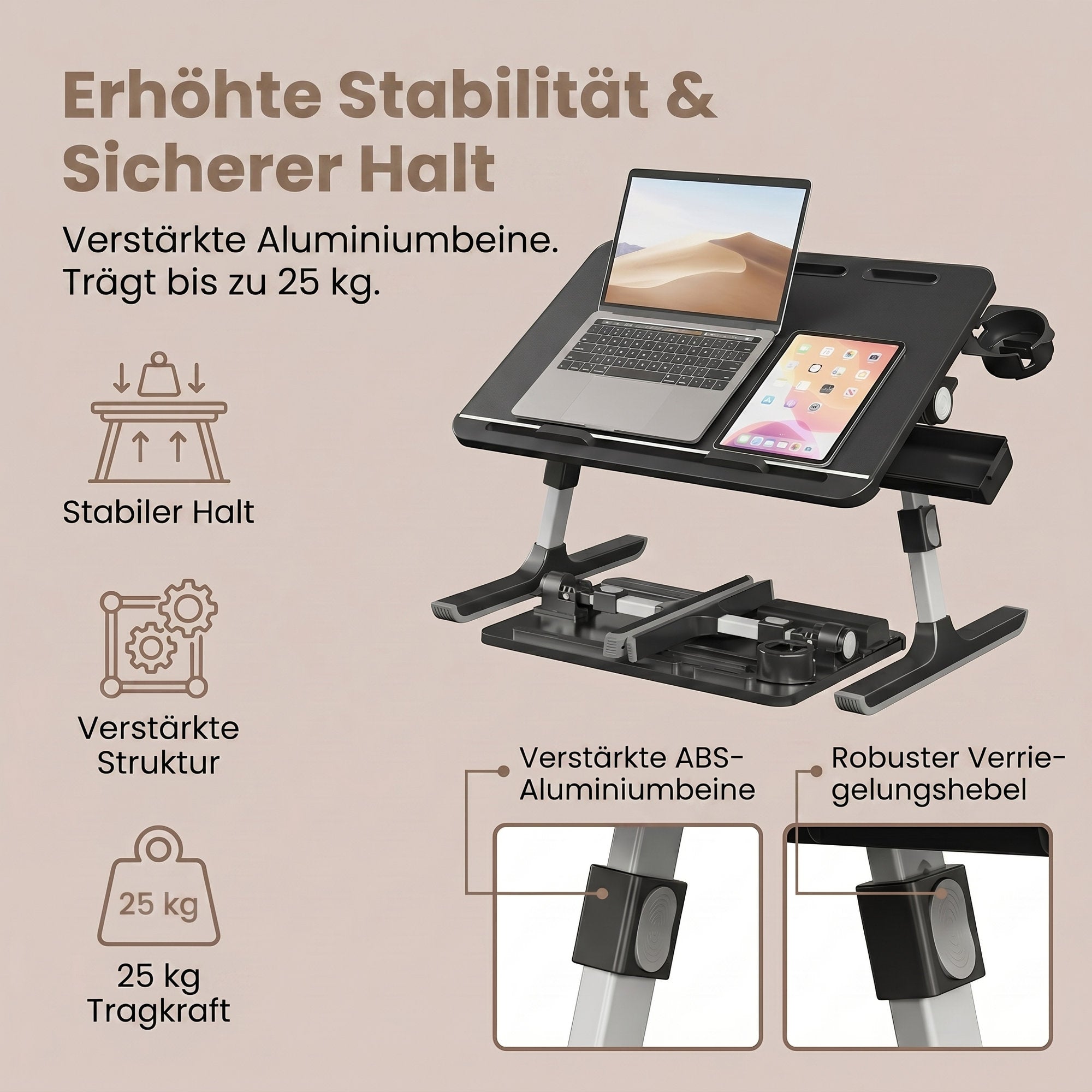 Laptoptisch Höhenverstellbarer Klapptisch für Bett und Sofa 56 x 40 cm Schwarz