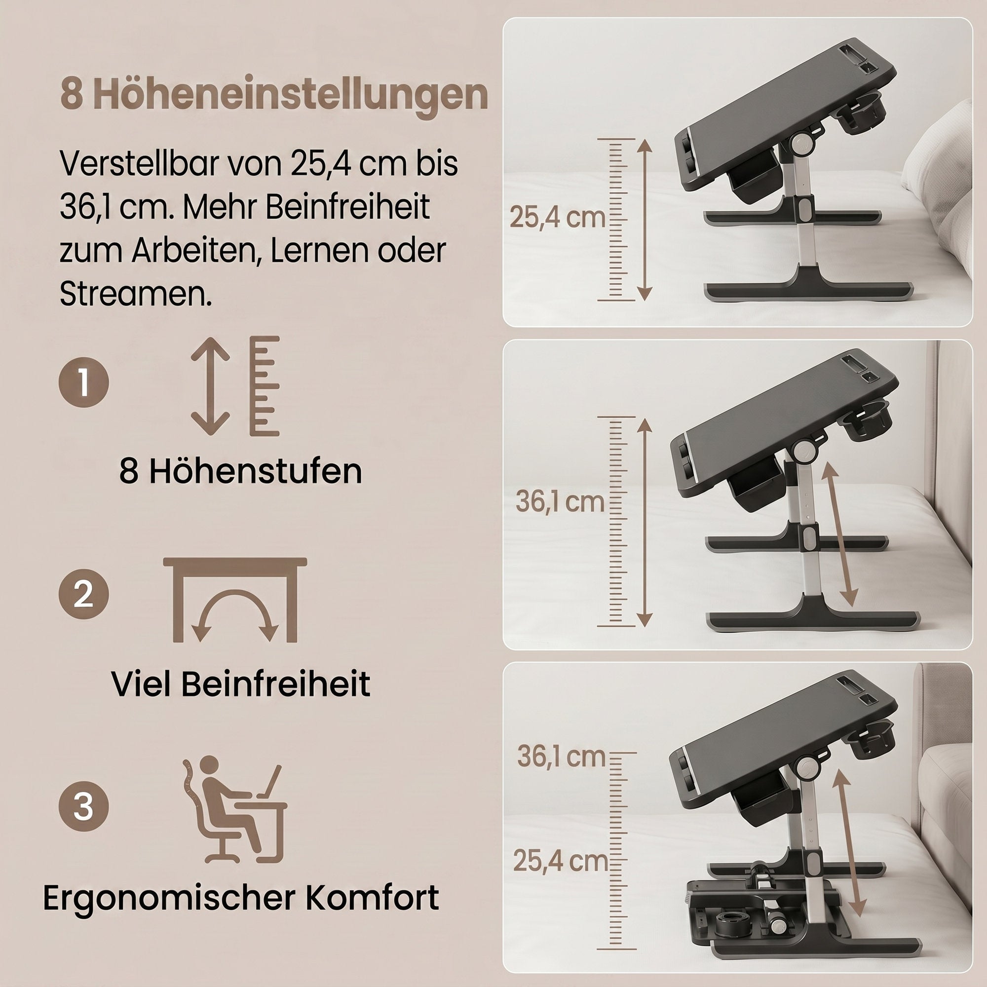 Laptoptisch Höhenverstellbarer Klapptisch für Bett und Sofa 56 x 40 cm Schwarz