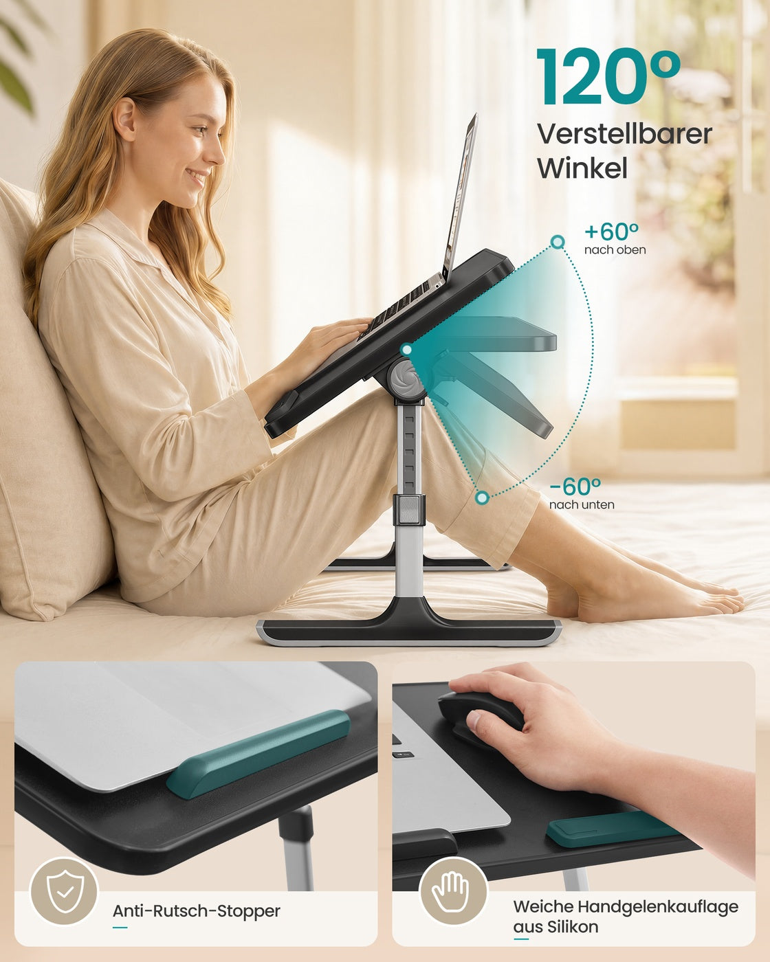 Laptoptisch schwarz 52x30x23 cm mit Schublade und Alugestell