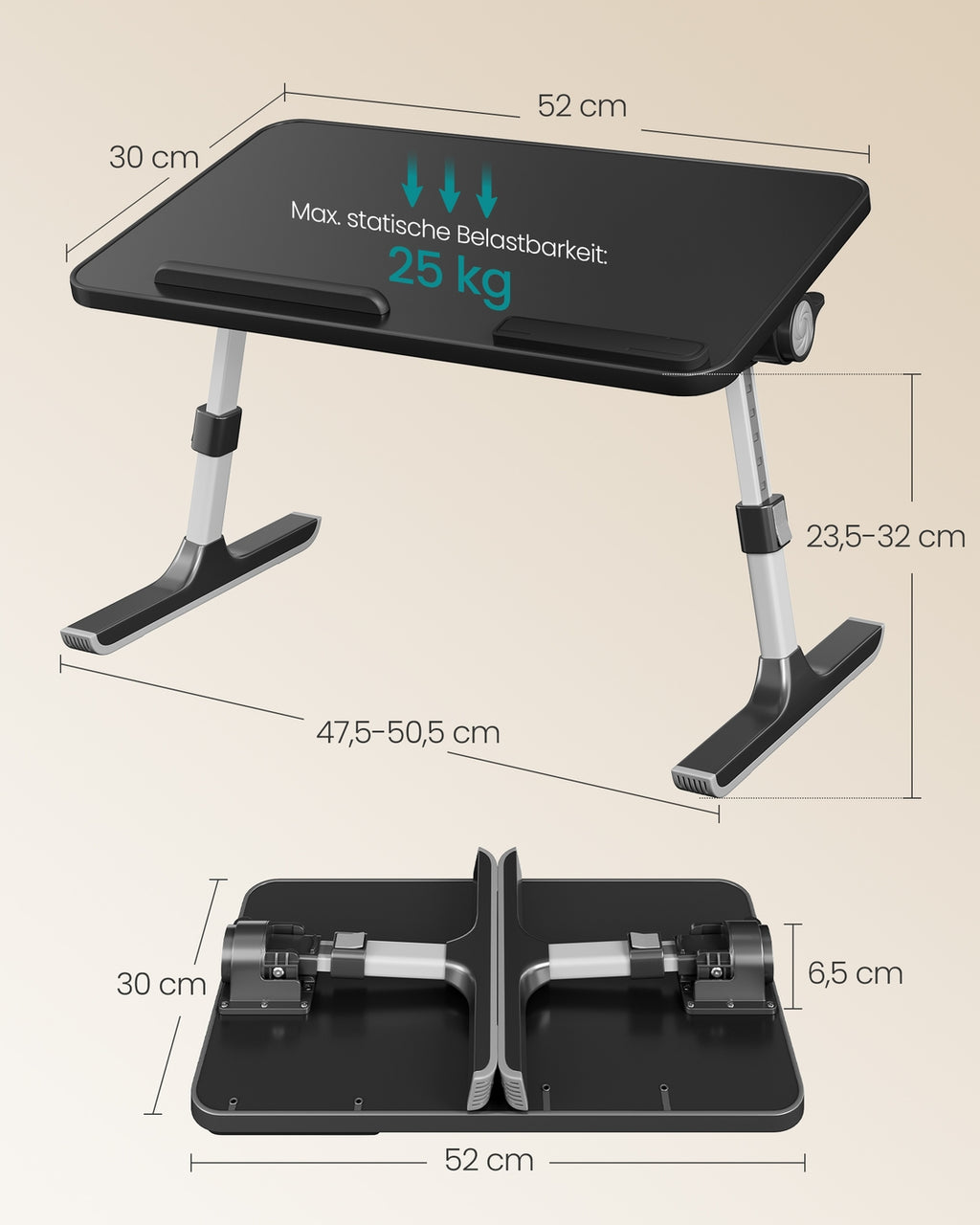 Laptoptisch schwarz 52x30x23 cm mit Schublade und Alugestell