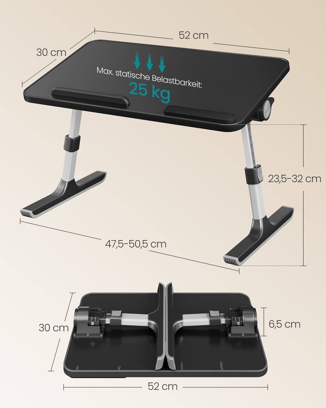 Laptoptisch schwarz 52x30x23 cm mit Schublade und Alugestell