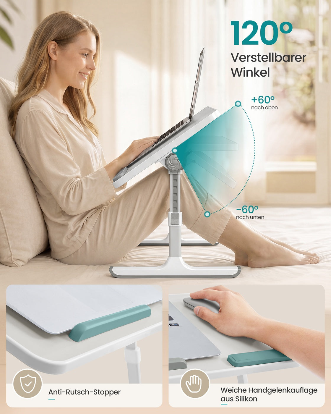 Laptoptisch grau 52x30x23 cm mit Schublade und Alugestell