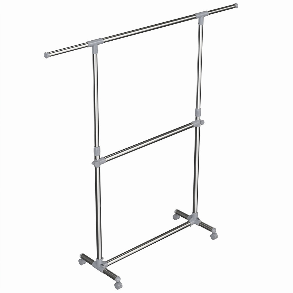 Kleiderständer Garderobenständer mit Rollen Höhenverstellbar von 113 bis 198 cm, Edelstahl, silbern-grau
