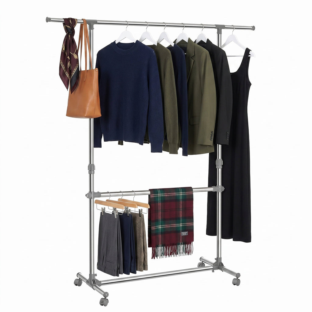 Kleiderständer Garderobenständer mit Rollen Höhenverstellbar von 113 bis 198 cm, Edelstahl, silbern-grau