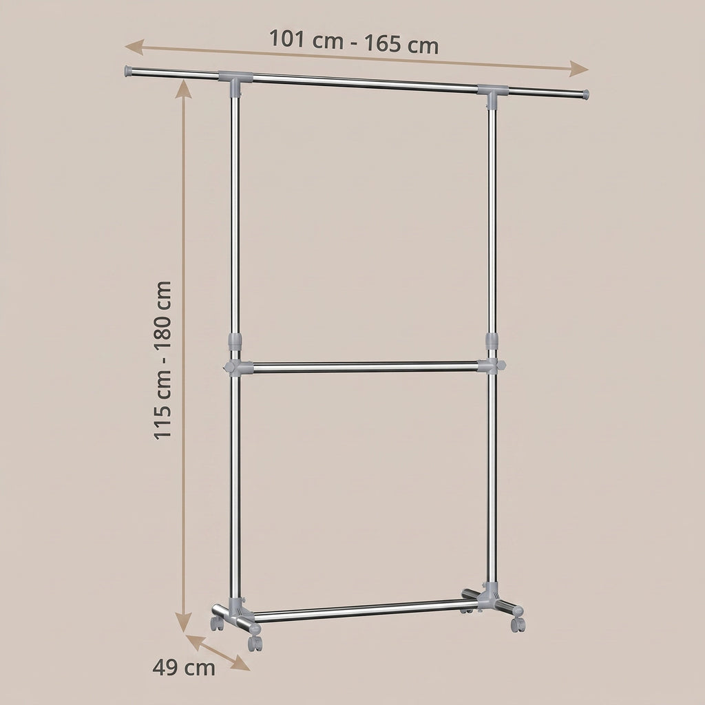 Kleiderständer Garderobenständer mit Rollen Höhenverstellbar von 113 bis 198 cm, Edelstahl, silbern-grau
