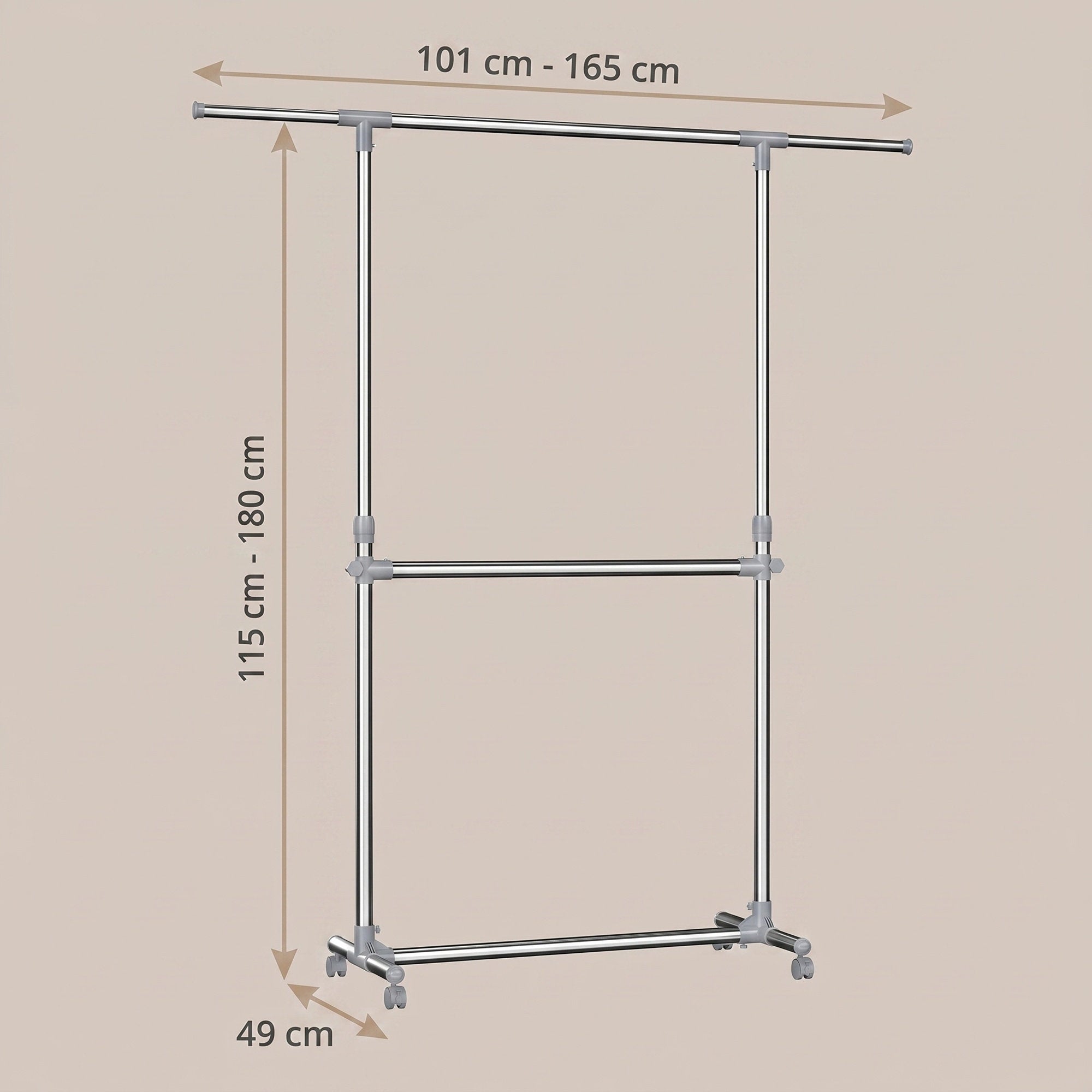 Kleiderständer Garderobenständer mit Rollen Höhenverstellbar von 113 bis 198 cm, Edelstahl, silbern-grau