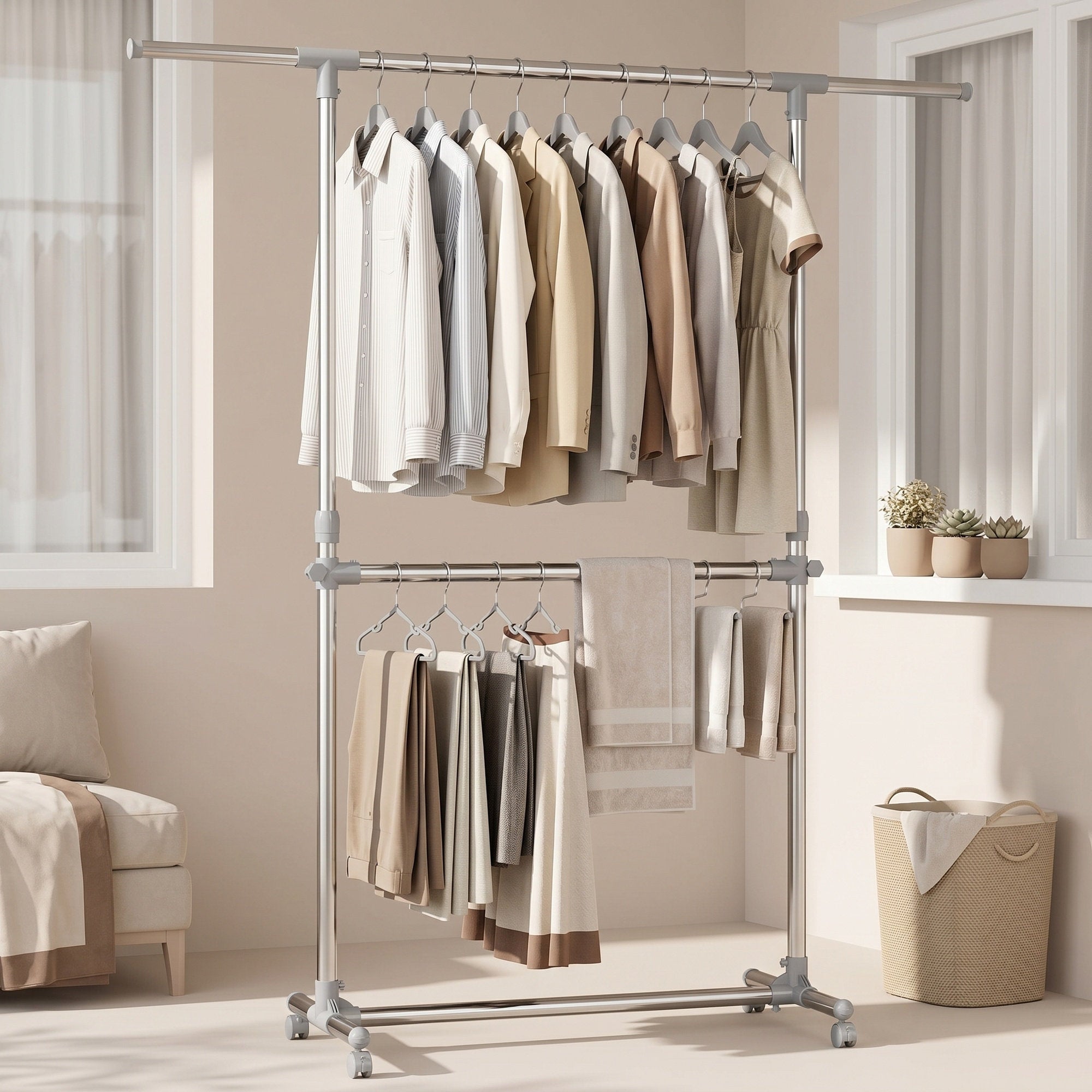 Kleiderständer Garderobenständer mit Rollen Höhenverstellbar von 113 bis 198 cm, Edelstahl, silbern-grau
